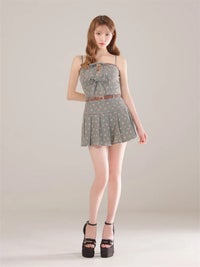 ROBE de FLEURS ローブドフルール 【XSサイズあり】小花柄レザーパイピングプリーツセットアップミニキャバドレス fm4355-c