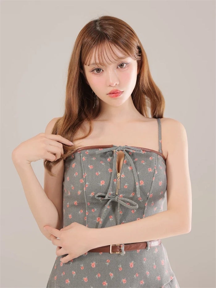 ROBE de FLEURS ローブドフルール 【XSサイズあり】小花柄レザーパイピングプリーツセットアップミニキャバドレス fm4355-c