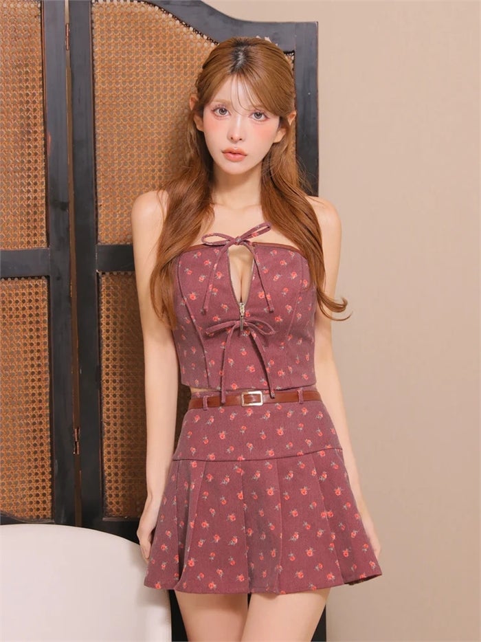 ROBE de FLEURS ローブドフルール 【XSサイズあり】小花柄レザーパイピングプリーツセットアップミニキャバドレス fm4355-c