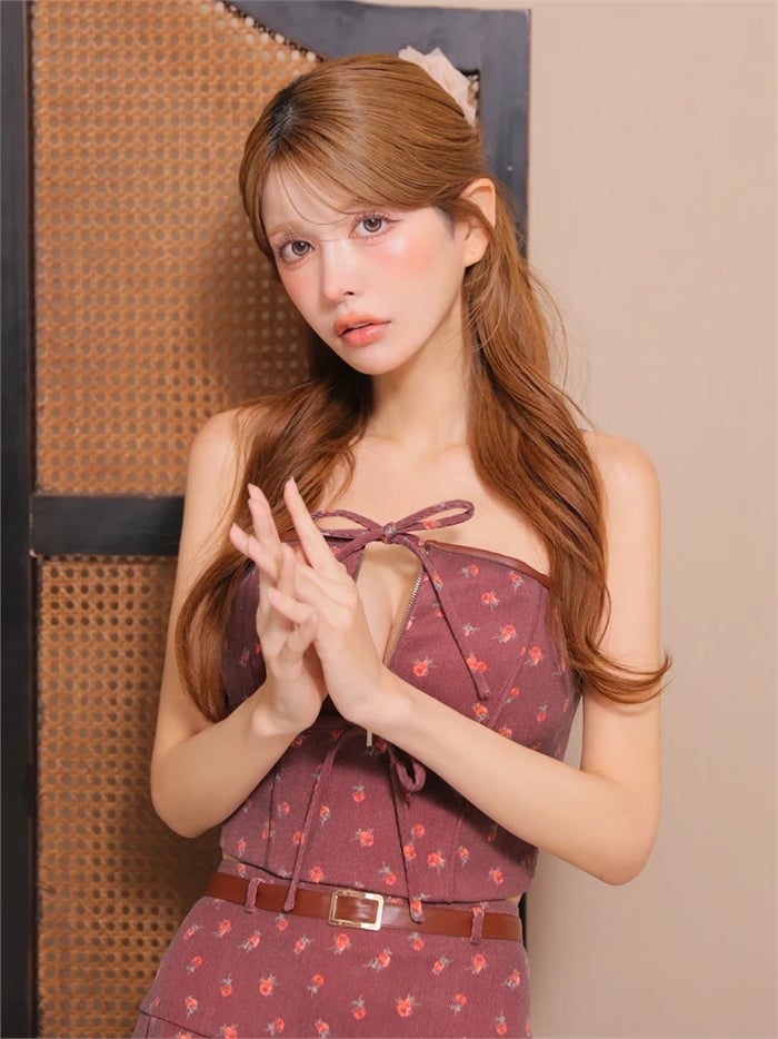 ROBE de FLEURS ローブドフルール 【XSサイズあり】小花柄レザーパイピングプリーツセットアップミニキャバドレス fm4355-c