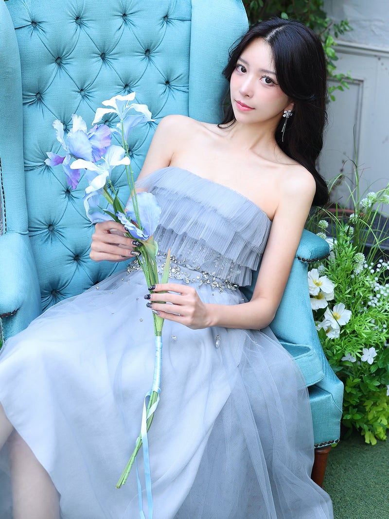 AngelR エンジェルアール ベアトップアッパーフリルデザインウエストビジュー2wayフレアミモレ丈ロングドレス ar26813-ks