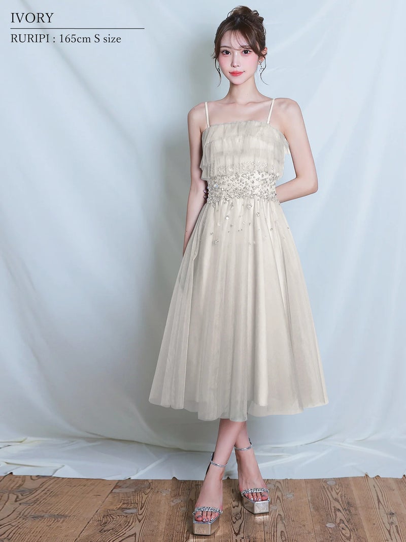 AngelR エンジェルアール ベアトップアッパーフリルデザインウエストビジュー2wayフレアミモレ丈ロングドレス ar26813-ks