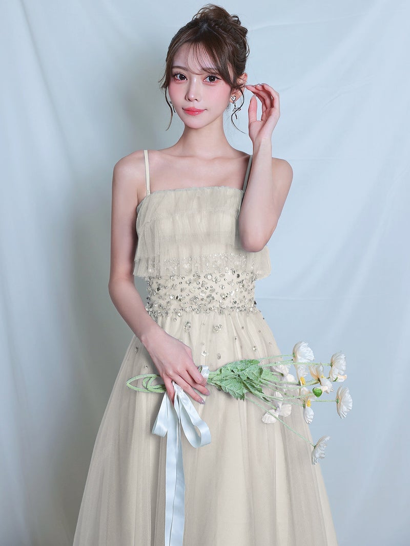 AngelR エンジェルアール ベアトップアッパーフリルデザインウエストビジュー2wayフレアミモレ丈ロングドレス ar26813-ks