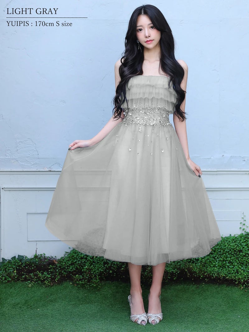 AngelR エンジェルアール ベアトップアッパーフリルデザインウエストビジュー2wayフレアミモレ丈ロングドレス ar26813-ks