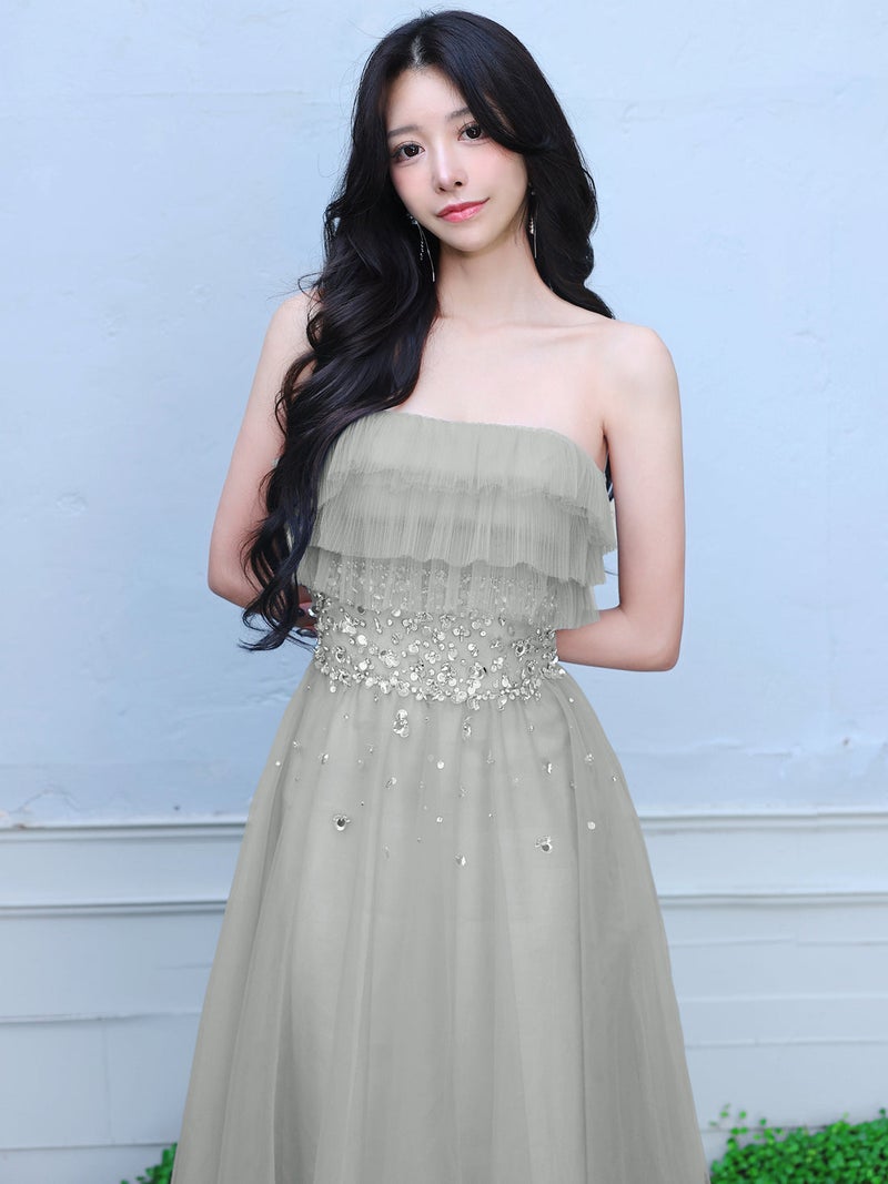 AngelR エンジェルアール ベアトップアッパーフリルデザインウエストビジュー2wayフレアミモレ丈ロングドレス ar26813-ks