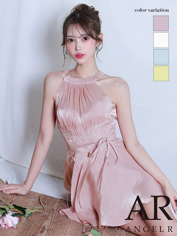 AngelR エンジェルアール ホルターネックウエストリボンフラワーメッシュギャザーフレアマイクロミニドレス ar26307