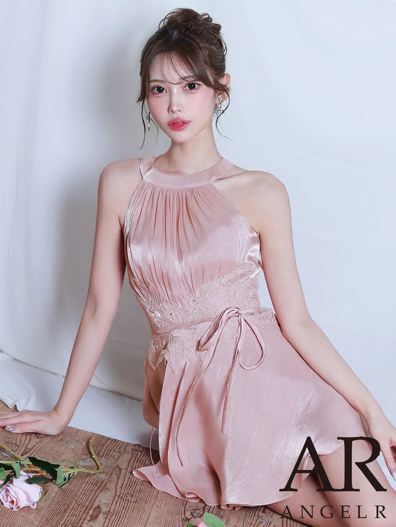 AngelR エンジェルアール ホルターネックウエストリボンフラワーメッシュギャザーフレアマイクロミニドレス ar26307