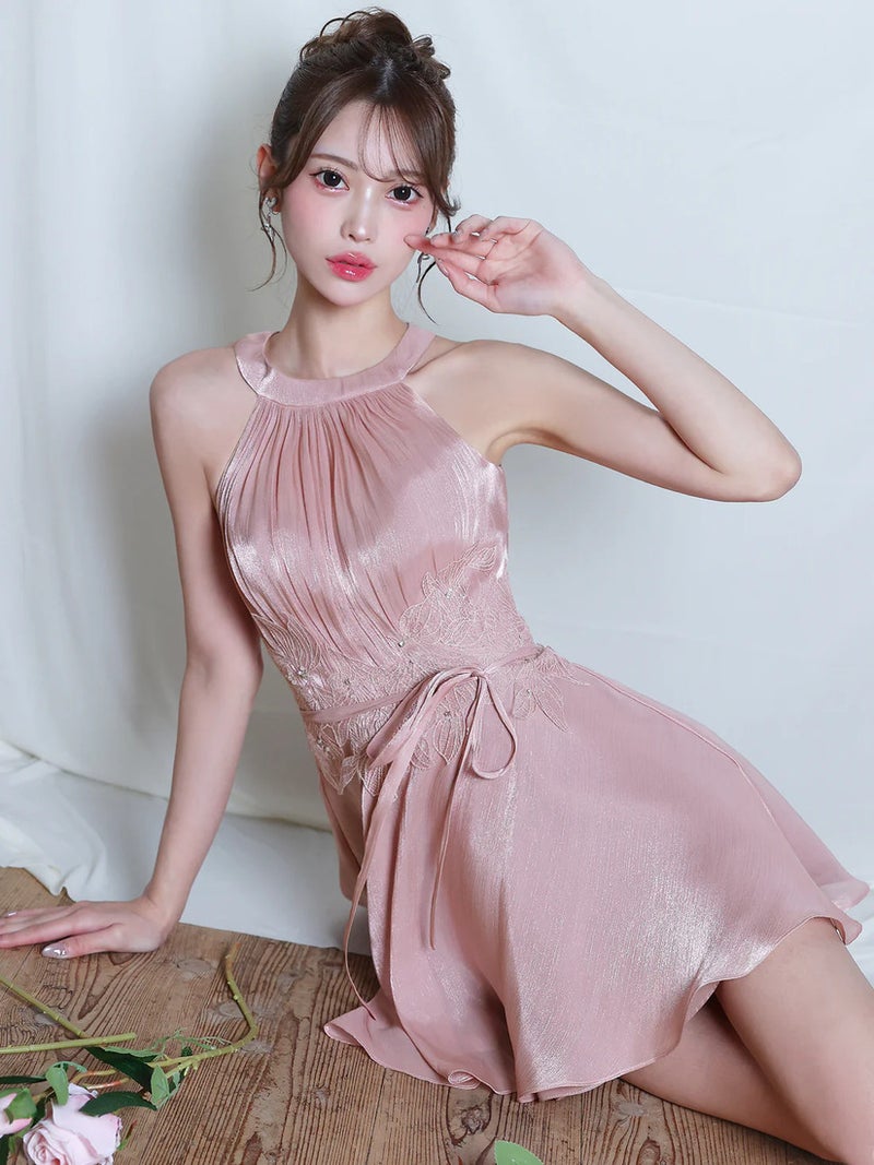 AngelR エンジェルアール ホルターネックウエストリボンフラワーメッシュギャザーフレアマイクロミニドレス ar26307