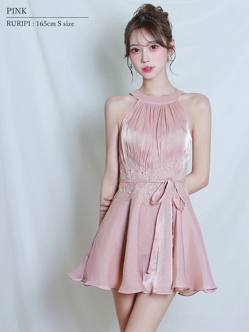 AngelR エンジェルアール ホルターネックウエストリボンフラワーメッシュギャザーフレアマイクロミニドレス ar26307