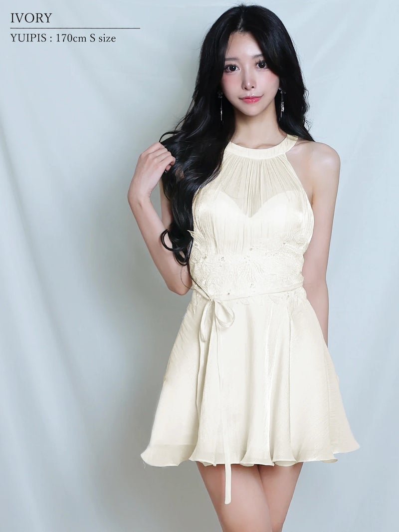 AngelR エンジェルアール ホルターネックウエストリボンフラワーメッシュギャザーフレアマイクロミニドレス ar26307