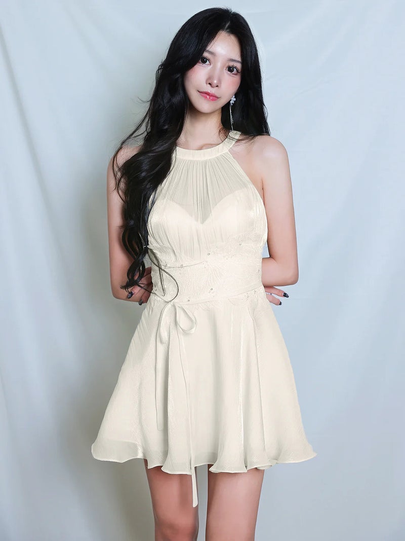 AngelR エンジェルアール ホルターネックウエストリボンフラワーメッシュギャザーフレアマイクロミニドレス ar26307