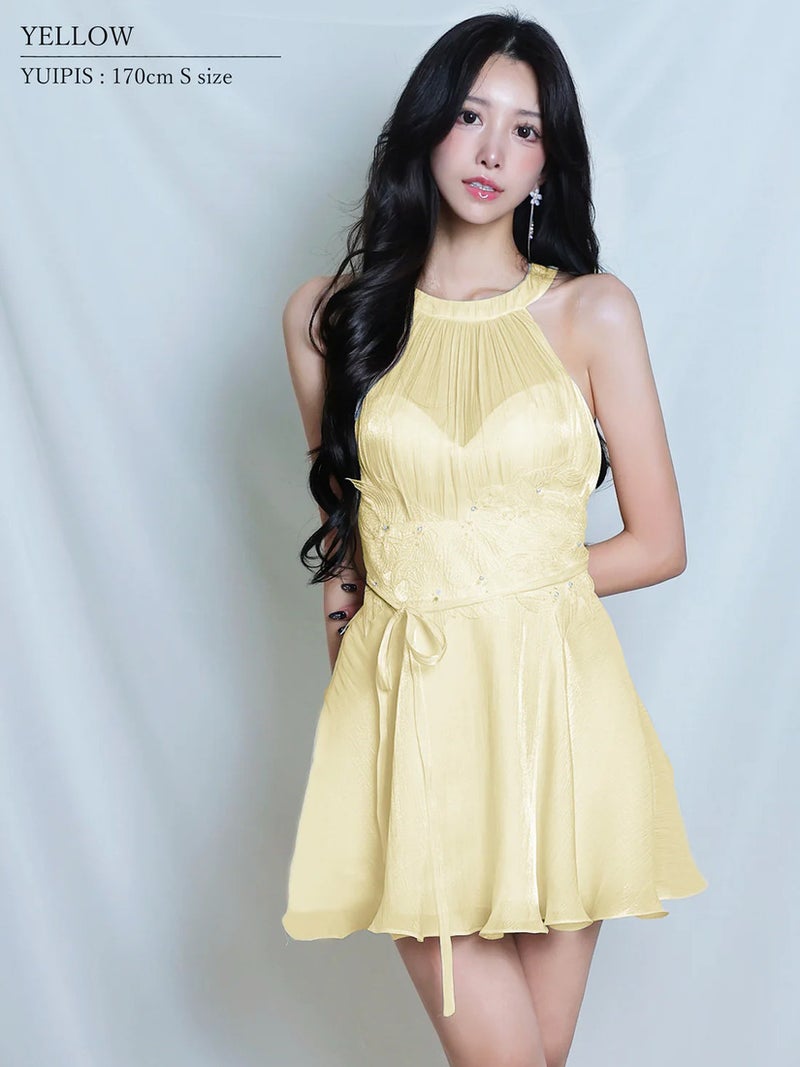 AngelR エンジェルアール ホルターネックウエストリボンフラワーメッシュギャザーフレアマイクロミニドレス ar26307