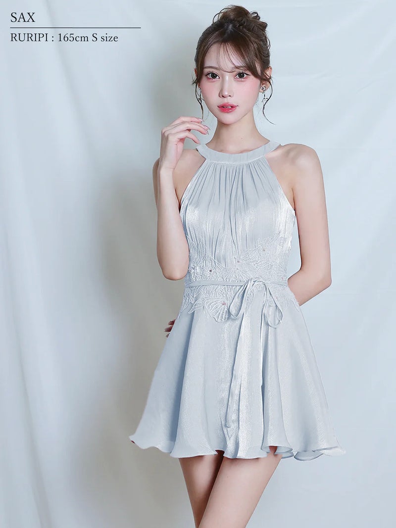 AngelR エンジェルアール ホルターネックウエストリボンフラワーメッシュギャザーフレアマイクロミニドレス ar26307