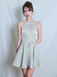 AngelR エンジェルアール ホルターネックウエストリボンフラワーメッシュギャザーフレアマイクロミニドレス ar26307