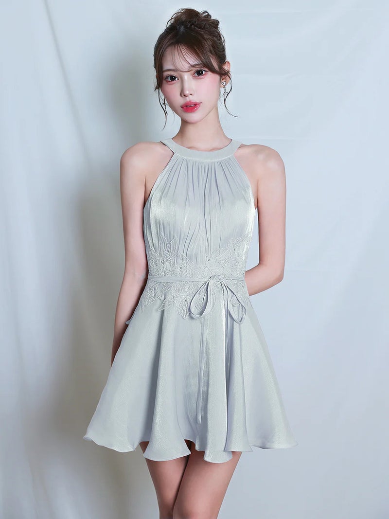 AngelR エンジェルアール ホルターネックウエストリボンフラワーメッシュギャザーフレアマイクロミニドレス ar26307