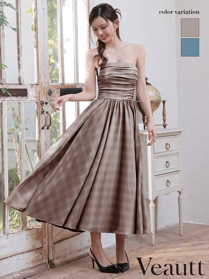 Veautt ヴュート ベアトップギャザーチェック2wayフレアミディアムロングドレス vt082607