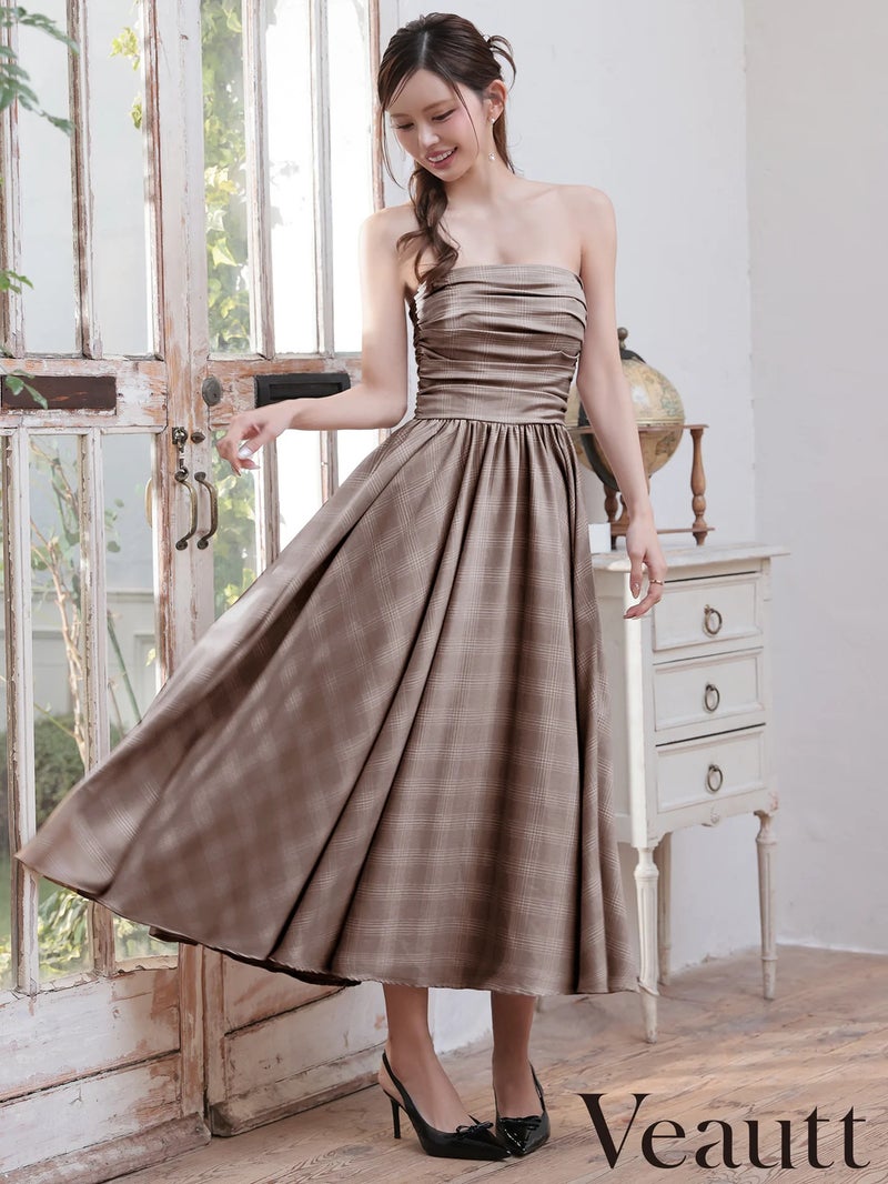 Veautt ヴュート ベアトップギャザーチェック2wayフレアミディアムロングドレス vt082607