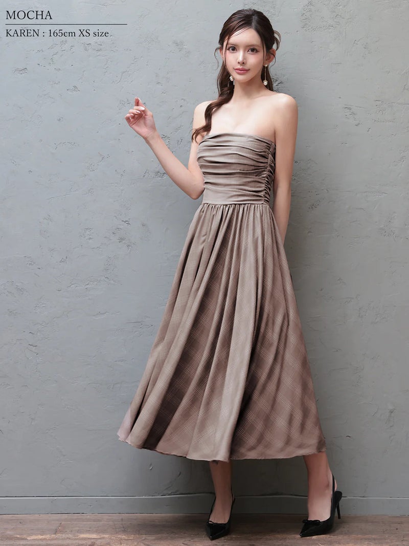 Veautt ヴュート ベアトップギャザーチェック2wayフレアミディアムロングドレス vt082607