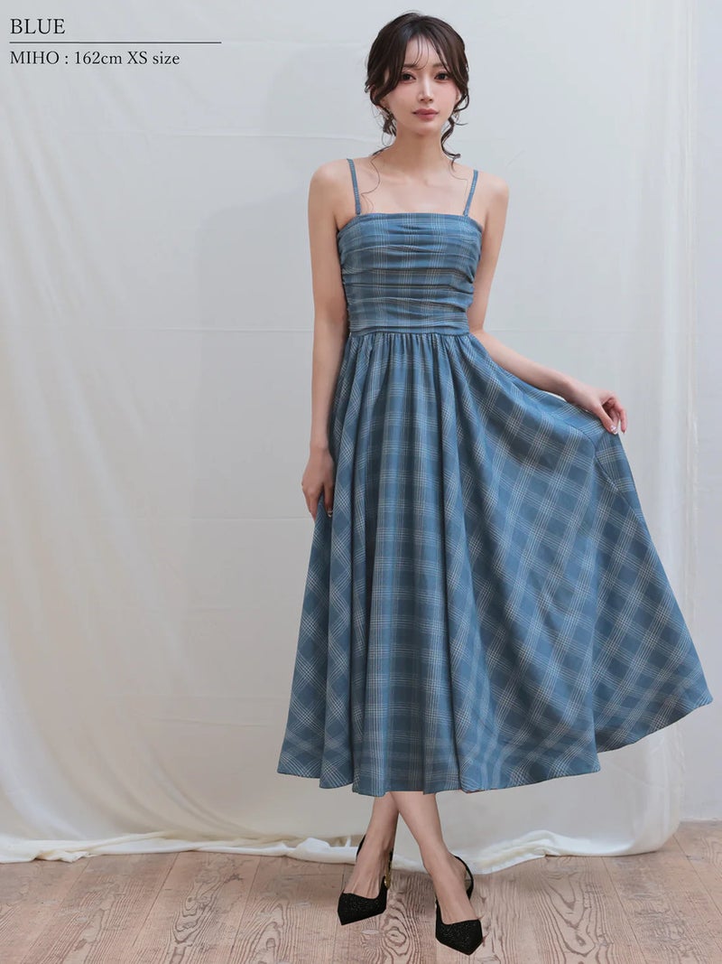 Veautt ヴュート ベアトップギャザーチェック2wayフレアミディアムロングドレス vt082607