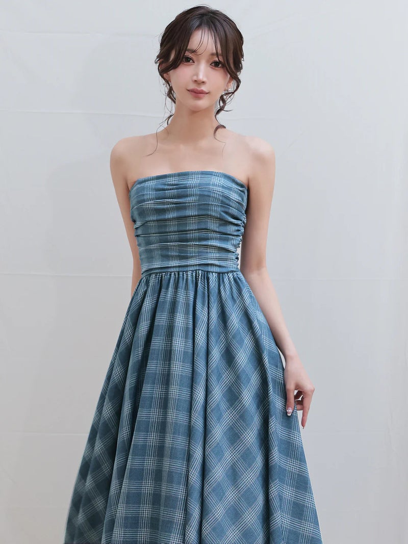Veautt ヴュート ベアトップギャザーチェック2wayフレアミディアムロングドレス vt082607
