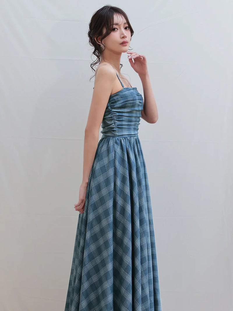 Veautt ヴュート ベアトップギャザーチェック2wayフレアミディアムロングドレス vt082607