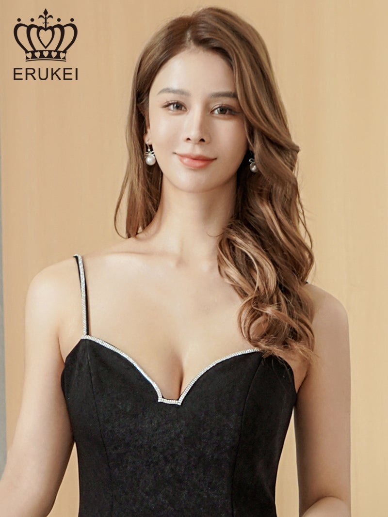 ERUKEI エルケイ ワンカラー・シンプル・ラインストーン・キャミソール・フレア・Aライン・ミニドレス・ワンピース ek-e25323
