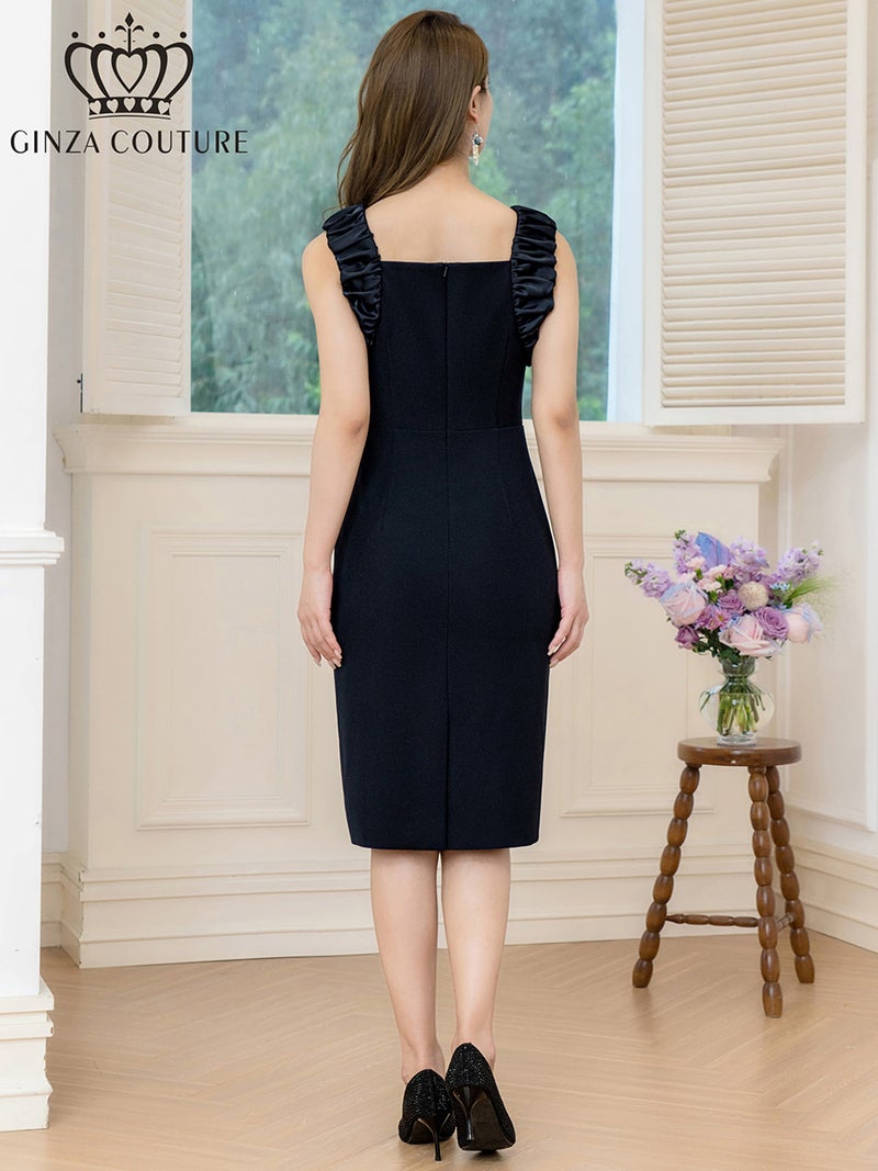 ERUKEI エルケイ ワンカラー・異素材・シャーリング・ノースリーブ・シンプル・タイト・ミディアムドレス・ワンピース ek-c25092