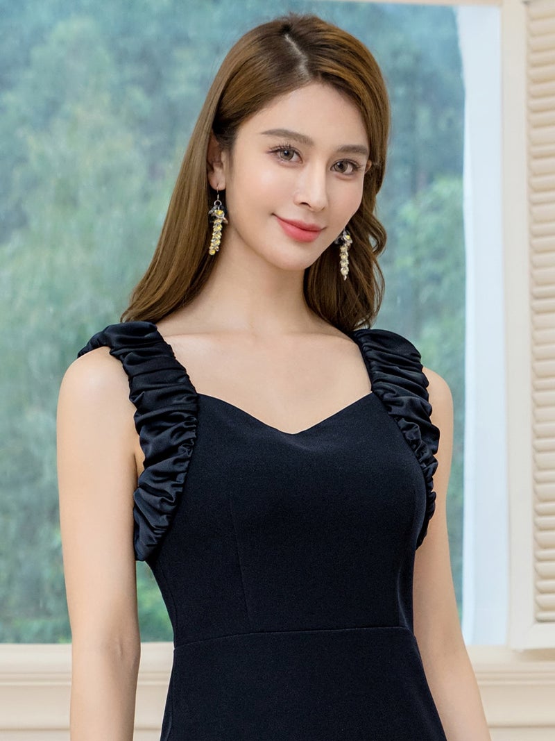 ERUKEI エルケイ ワンカラー・異素材・シャーリング・ノースリーブ・シンプル・タイト・ミディアムドレス・ワンピース ek-c25092