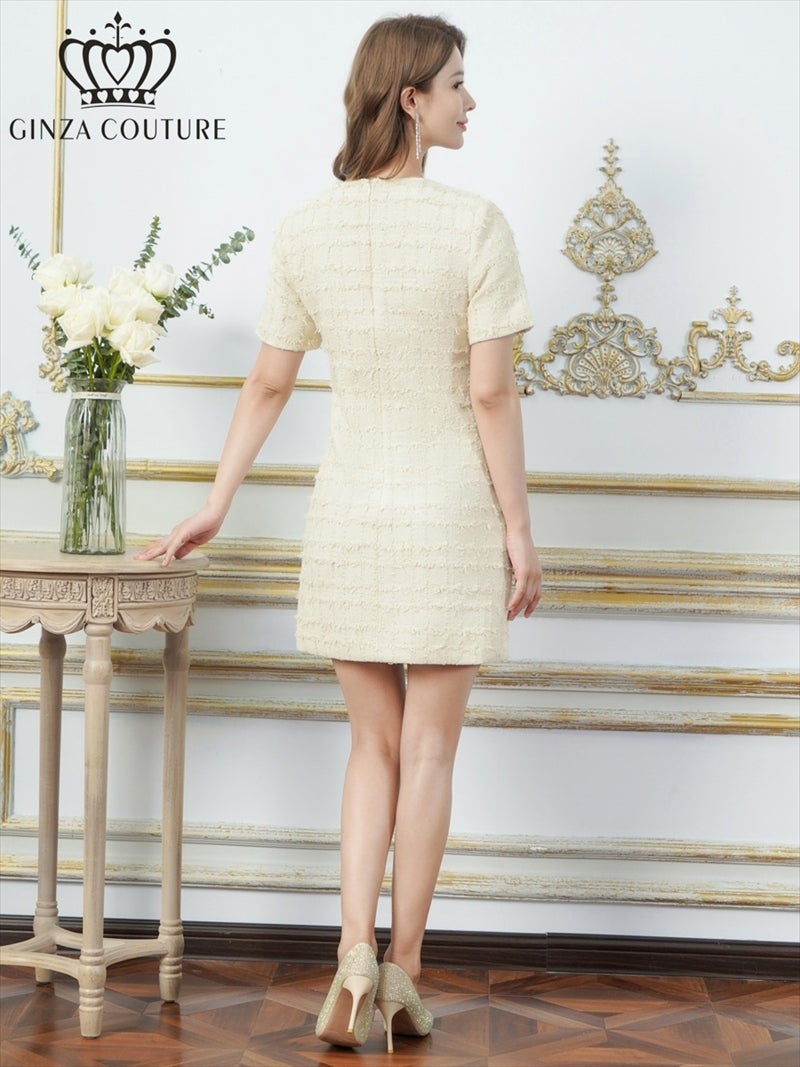 ERUKEI エルケイ ツイード・ポケット・金ボタン・パールブローチ付き・半袖・Aライン・ミニドレス・ワンピース ek-c25342