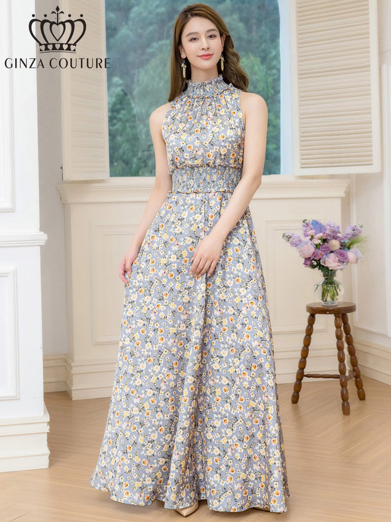 ERUKEI エルケイ プリント・サテン・首元フリル・ウエストマーク・マキシ・アメリカンスリーブ・Aライン・ロングドレス ek-c32165