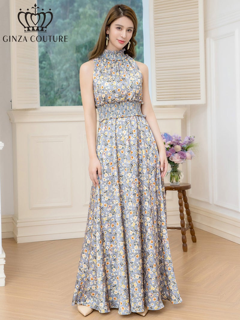 ERUKEI エルケイ プリント・サテン・首元フリル・ウエストマーク・マキシ・アメリカンスリーブ・Aライン・ロングドレス ek-c32165