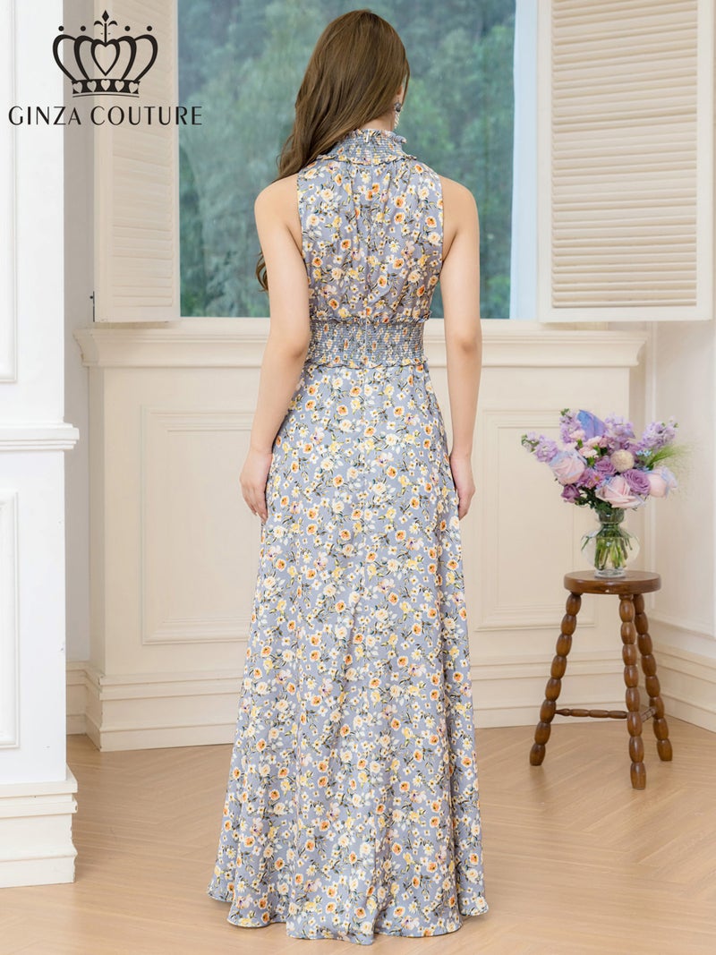 ERUKEI エルケイ プリント・サテン・首元フリル・ウエストマーク・マキシ・アメリカンスリーブ・Aライン・ロングドレス ek-c32165