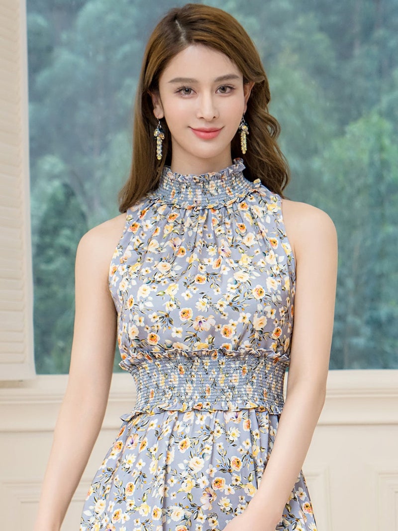 ERUKEI エルケイ プリント・サテン・首元フリル・ウエストマーク・マキシ・アメリカンスリーブ・Aライン・ロングドレス ek-c32165