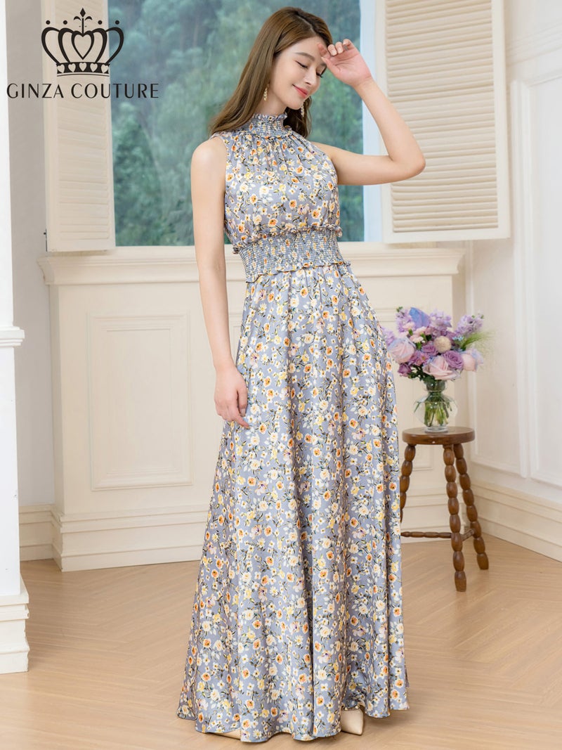 ERUKEI エルケイ プリント・サテン・首元フリル・ウエストマーク・マキシ・アメリカンスリーブ・Aライン・ロングドレス ek-c32165