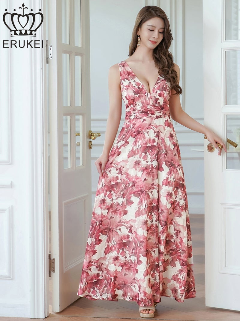 ERUKEI エルケイ 花柄・フラワープリント・Aライン・Vネック・ノースリーブ・ハイウエスト・ロングドレス ek-e24112
