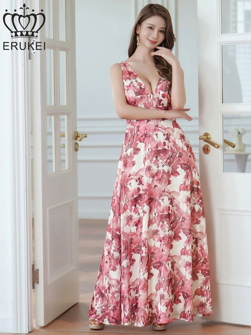 ERUKEI エルケイ 花柄・フラワープリント・Aライン・Vネック・ノースリーブ・ハイウエスト・ロングドレス ek-e24112