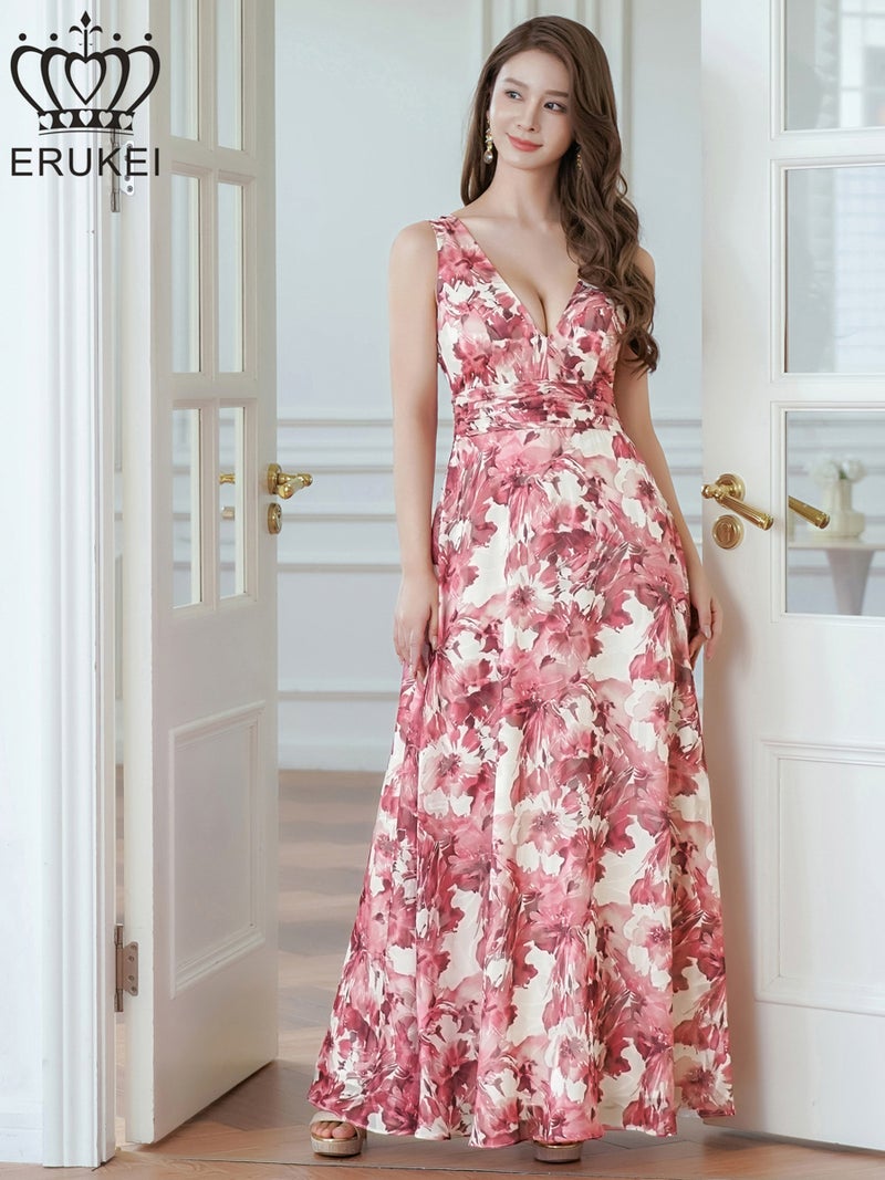 ERUKEI エルケイ 花柄・フラワープリント・Aライン・Vネック・ノースリーブ・ハイウエスト・ロングドレス ek-e24112