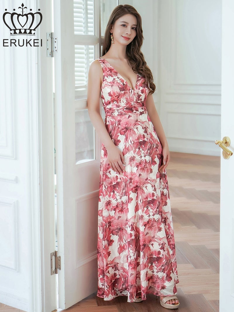 ERUKEI エルケイ 花柄・フラワープリント・Aライン・Vネック・ノースリーブ・ハイウエスト・ロングドレス ek-e24112