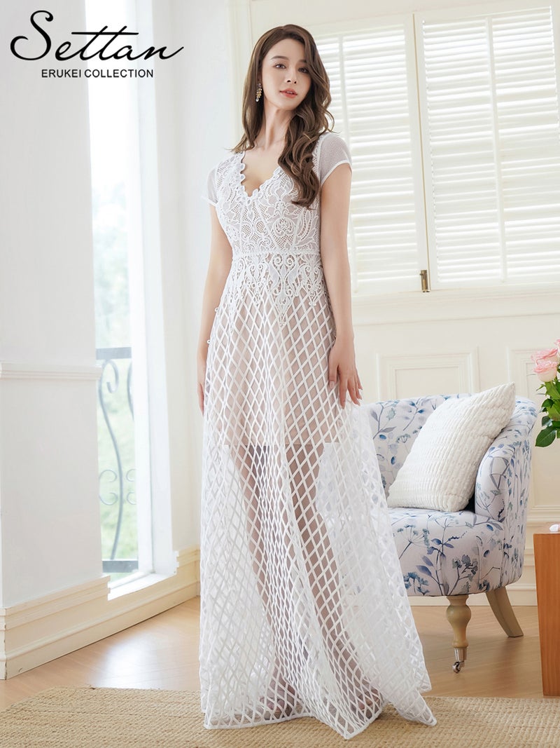 ERUKEI エルケイ 総レース・シアー・Vネック・フレンチスリーブ・Aライン・インナーミニ・ロングドレス ek-s24158