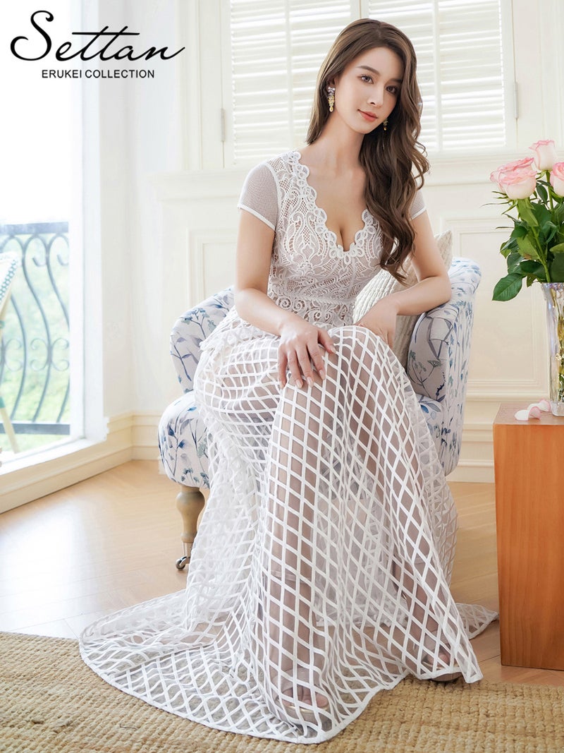 ERUKEI エルケイ 総レース・シアー・Vネック・フレンチスリーブ・Aライン・インナーミニ・ロングドレス ek-s24158