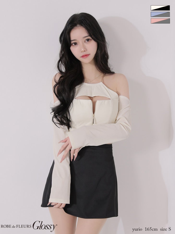 Glossy ローブドフルールグロッシー 【XSサイズあり】 チェーンストラップフロントジップセットアップミニキャバドレス gl4160-c