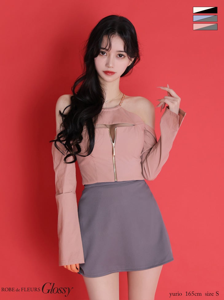 Glossy ローブドフルールグロッシー 【XSサイズあり】 チェーンストラップフロントジップセットアップミニキャバドレス gl4160-c