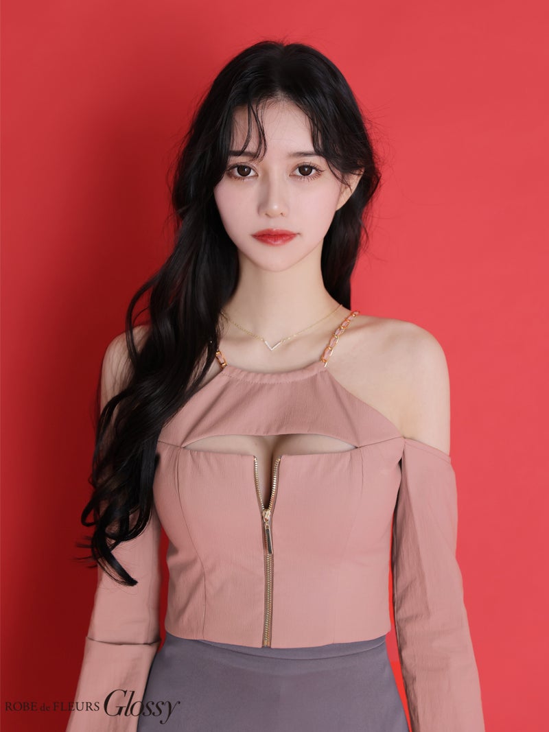 Glossy ローブドフルールグロッシー 【XSサイズあり】 チェーンストラップフロントジップセットアップミニキャバドレス gl4160-c