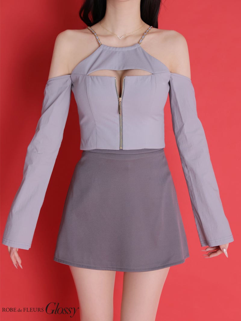Glossy ローブドフルールグロッシー 【XSサイズあり】 チェーンストラップフロントジップセットアップミニキャバドレス gl4160-c