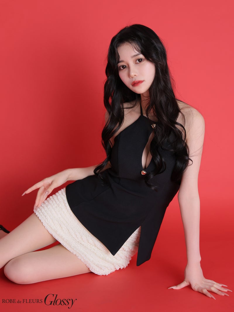 Glossy ローブドフルールグロッシー 【XSサイズあり】 リブホルターネックレーススカートセットアップミニキャバドレス gl4175-c