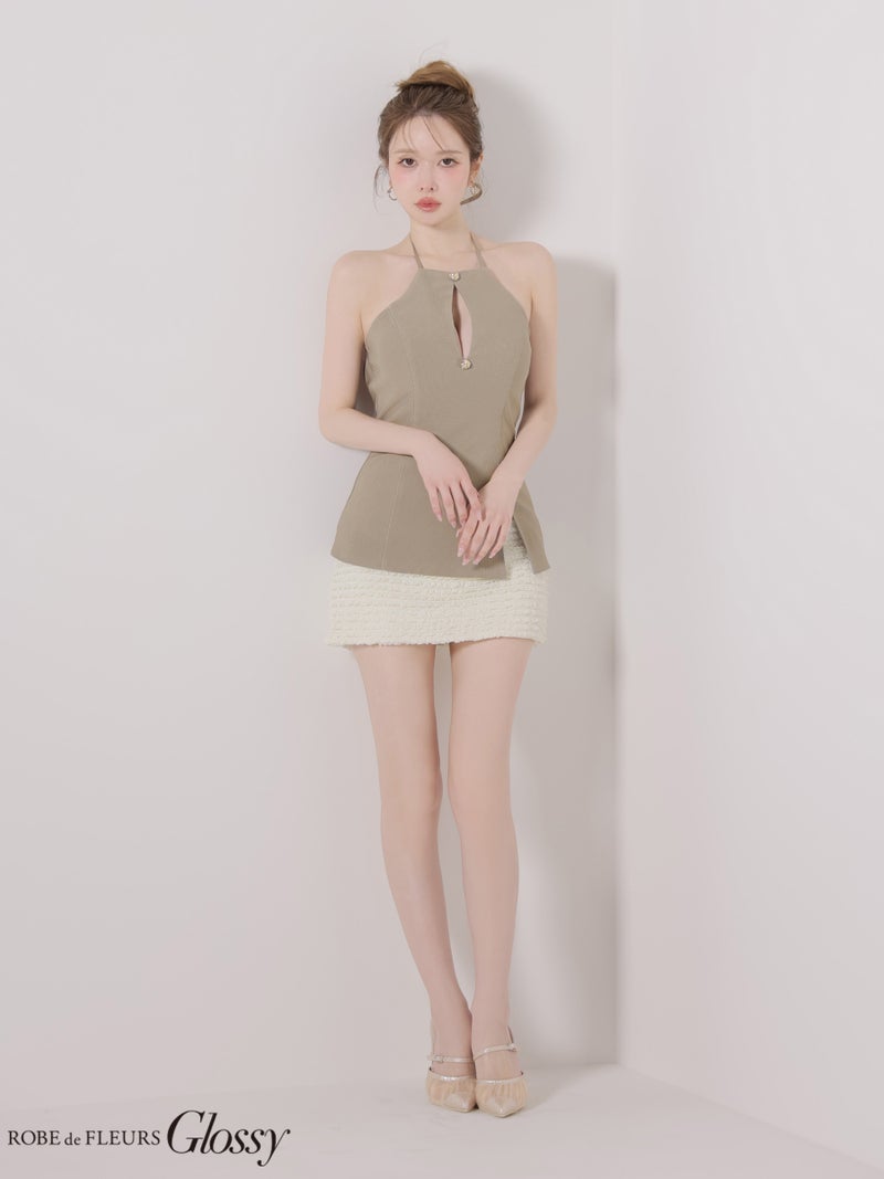 Glossy ローブドフルールグロッシー 【XSサイズあり】 リブホルターネックレーススカートセットアップミニキャバドレス gl4175-c