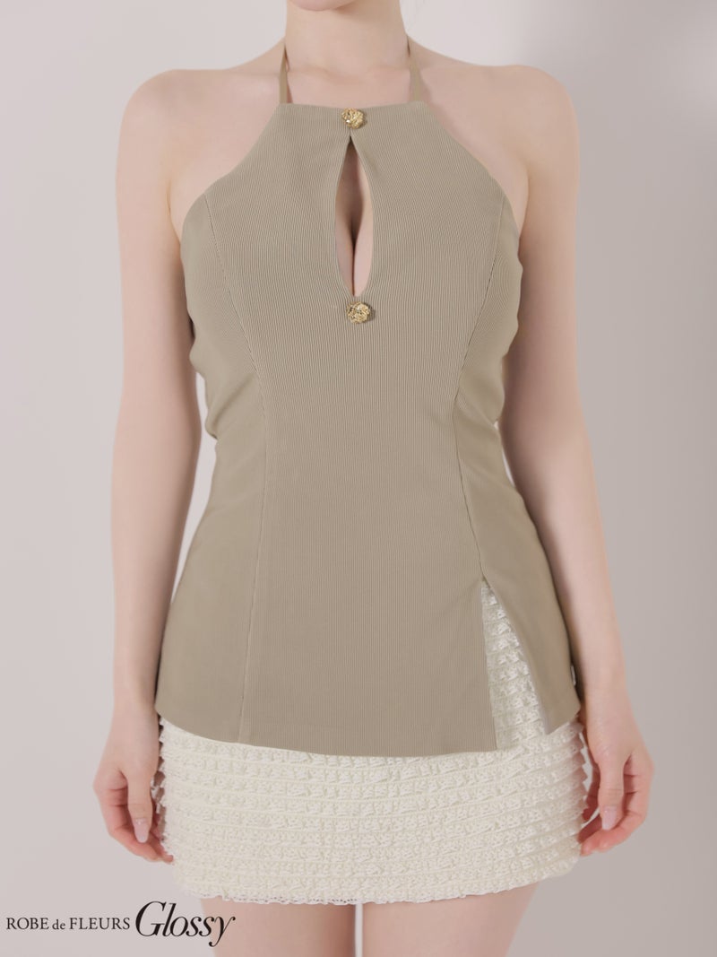 Glossy ローブドフルールグロッシー 【XSサイズあり】 リブホルターネックレーススカートセットアップミニキャバドレス gl4175-c