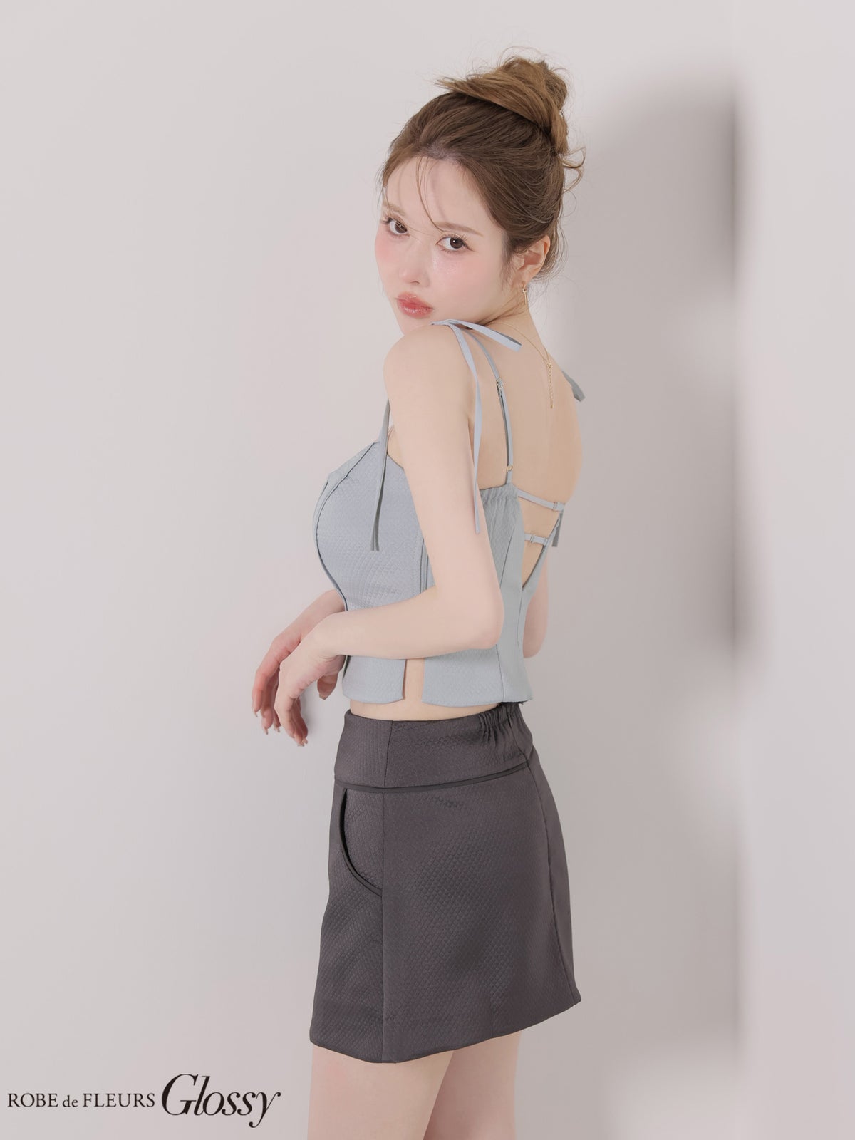 Glossy ローブドフルールグロッシー 【XSサイズあり】バイカラーキルティングショルダーリボンセットアップミニキャバドレス gl4350-c
