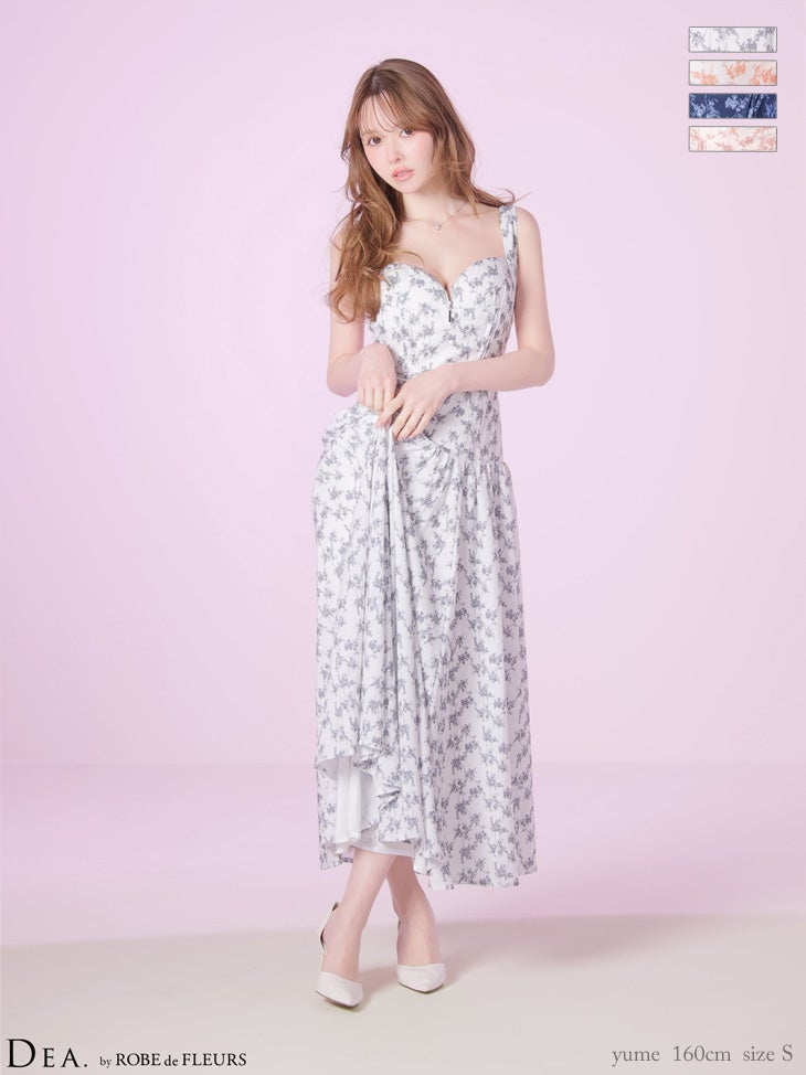 DEA. ディア バイ ローブドフルール 【XS～Lサイズあり】フラワーマットサテンギャザーフレアロングキャバドレス de4352-c