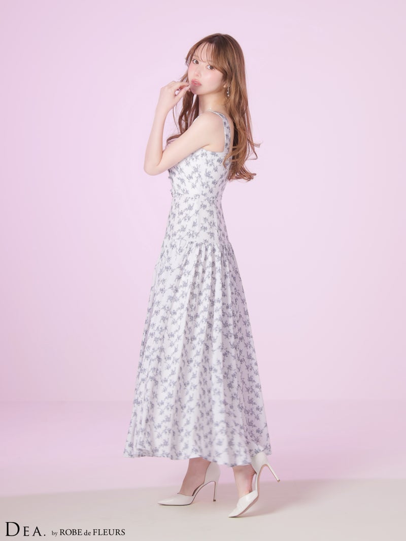 DEA. ディア バイ ローブドフルール 【XS～Lサイズあり】フラワーマットサテンギャザーフレアロングキャバドレス de4352-c